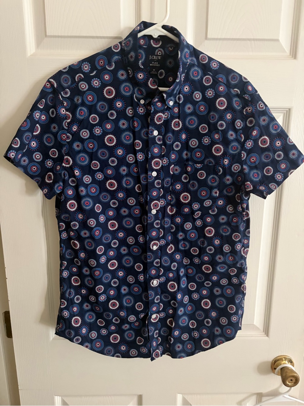 J. Crew Navy Short-Sleeve Button-Down Shirt with Red and White Circular Print